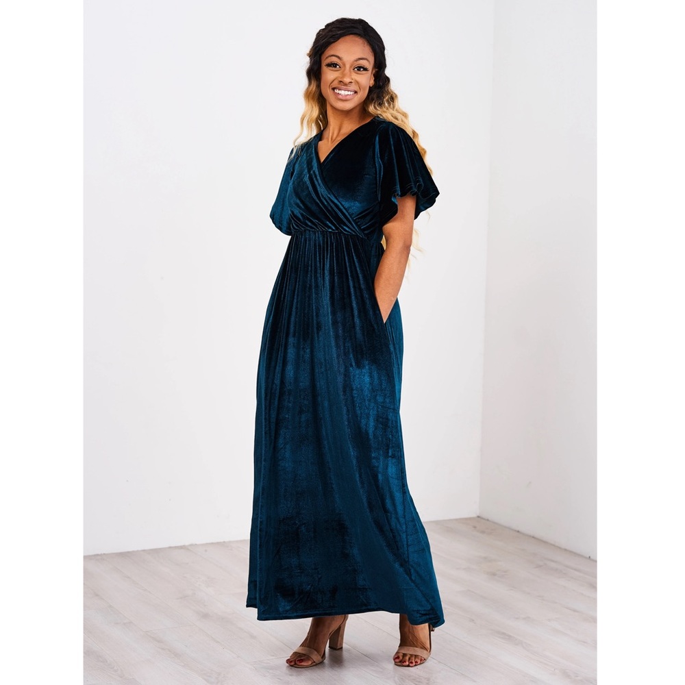 Latched Mama Velour Nursing Maxi Dress, Short Flutter Sleeves, Deep Teal, XXS